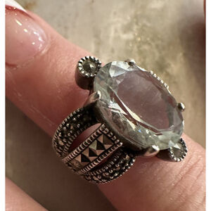 Sterling Silver Aquamarine Marcasite Ring Signed NK 925 Thailand Size 6.5